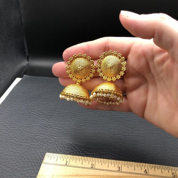 Jhumka Chandelier Earrings Bollywood Faux Pearls Gold Tone Domes - Picture 6 of 6